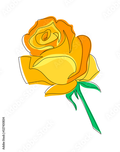Rose drawn in the style of one continuous line. Yellow rose. Stock vector illustration, isolated on white background.