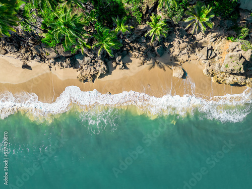 An aerial view of a tropical sandy beach with rocks palm trees and blue ocean. Location Rincon, Puerto Rico. photo
