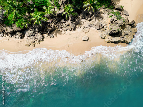 An aerial view of a tropical sandy beach with rocks palm trees and blue ocean. Location Rincon, Puerto Rico. photo