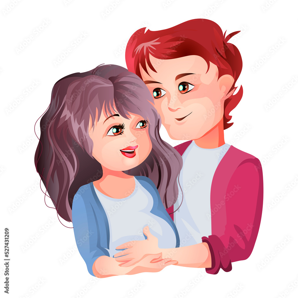 Pregnant girl and boyfriend cuddling. Happy pregnancy emotions. Vector illustration in cartoon style for Mothers Day