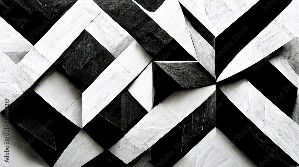 Modern abstract dynamic shapes black and white background with grainy paper texture. Digital art