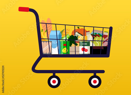 Shopping Trolley With Food On Yellow Background Vector Illustration In Flat Style