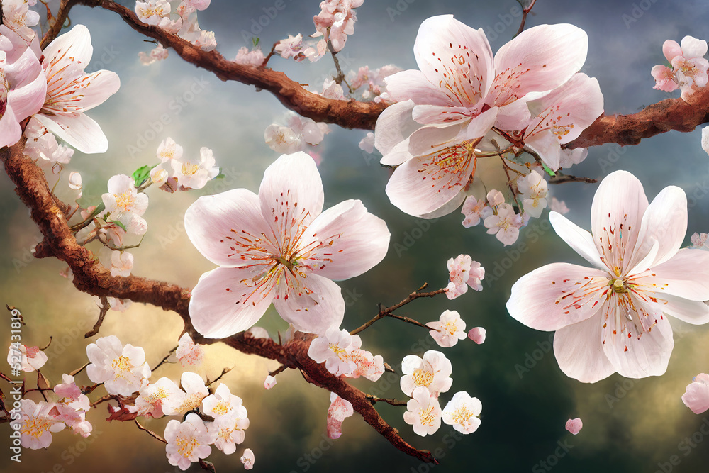 beautiful cherry blossom, sakura tree background, japanese spring wallpaper,  3d render, 3d illustration Stock Illustration | Adobe Stock