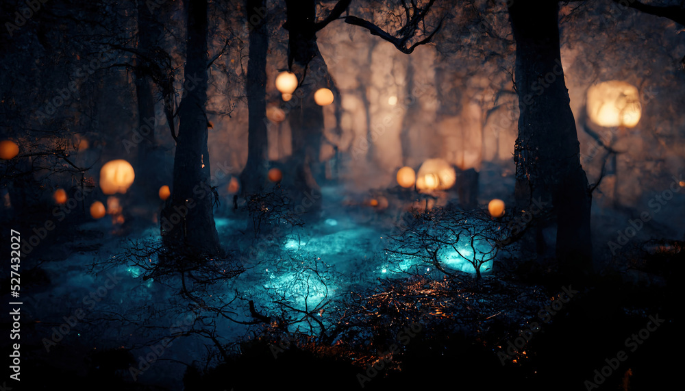 Realistic haunted forest landscape at night. Fantasy Halloween forest background. 3D illustration.