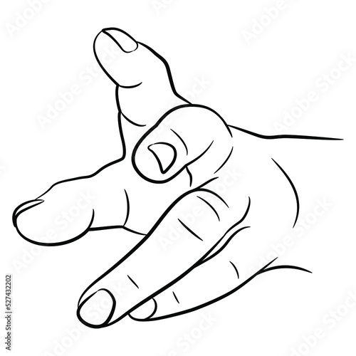Human hand with clenched fingers. Reaching forward gesture. Empty palm. Front view. Black and white linear silhouette. Cartoon style. Isolated vector illustration. 