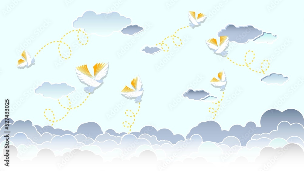 Back to school. Flaying Bird books on sky with clouds. Vector background vector