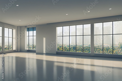 modern empty office background, big windows, bright space, 3d render, 3d illustration