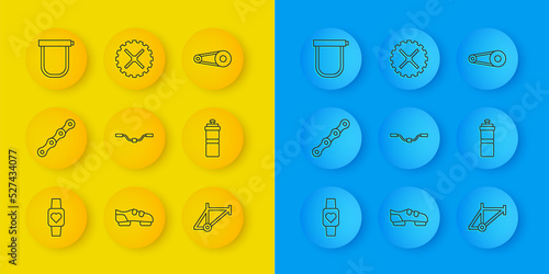 Set line Smart watch, Bicycle chain, handlebar, frame, Sport bottle with water, lock, gear and sprocket crank icon. Vector