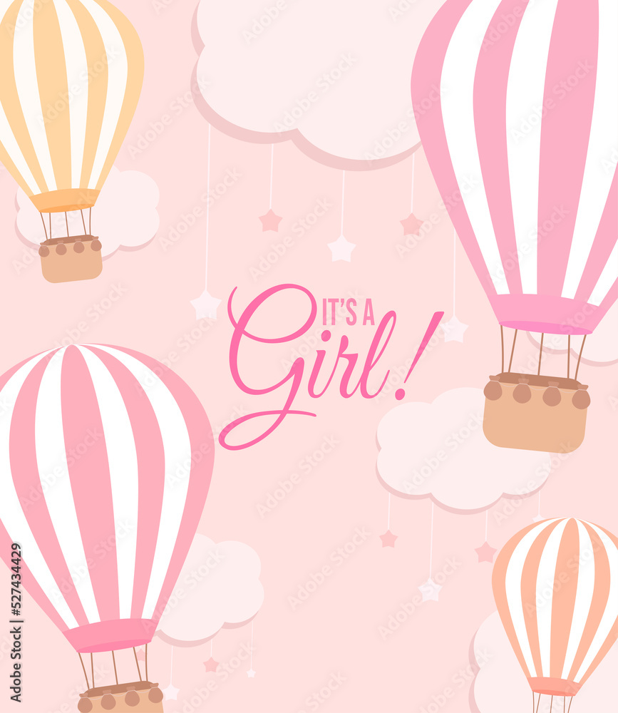 It's a girl baby shower card with a hot air balloons and clouds with a stars on the pink background It's a girl baby shower card with a hot air balloons and clouds with a stars on the pink background