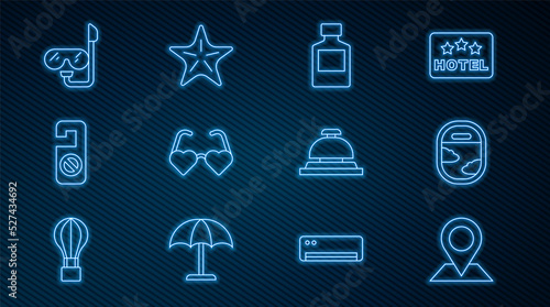 Set line Location, Airplane window, Whiskey bottle, Heart shaped love glasses, Please not disturb, Diving mask and snorkel, Hotel service bell and Starfish icon. Vector