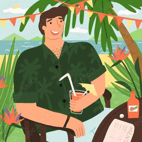 The guy is on island vacation, enjoys a refresher in the beach cafe. Traveling, downshifting, paradise life concept