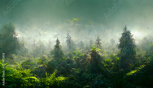 Jungle nature forest trees foggy fantasy landscape.