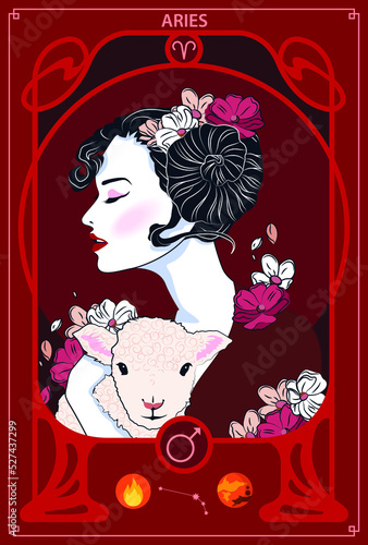 The woman who represents the Horoscope Sign Illustration in Art Nouveau style with sign of zodiac. Vector Illustration of Aries Zodiac Sign.