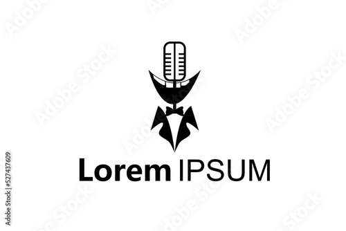 Stand Up Comedy logo design; Funny Smiling Microphone Face with bow tie and tuxedo suit