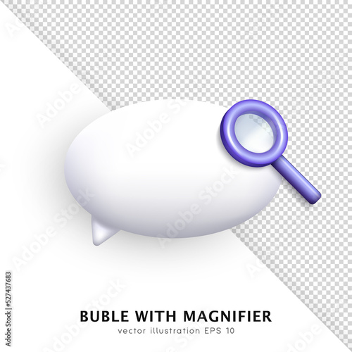 White three dimensional chat bubble with purple magnifying glass. Cartoon speech cloud and magnifier, loupe, zoom tool, reading glass with transparent lens isolated or white and transparent background