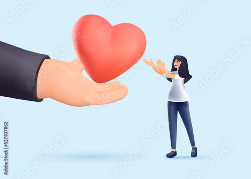 3D Hand with big red heart and woman. Support and kindness in community. Self care, psychology help, treatment, rehab. Female volunteer share empathy and hope with needy. Help life. 3D vector render