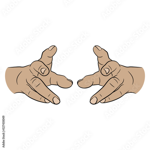 Two human hands with clenched fingers. Reaching forward gesture. Empty palms. Front view. Cartoon style. Isolated vector illustration. 