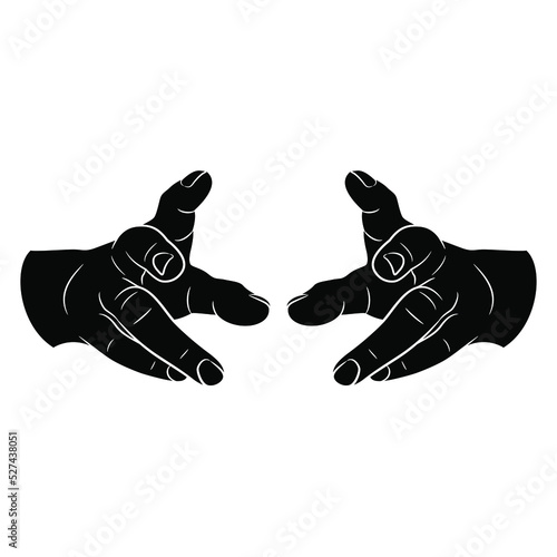 Two human hands with clenched fingers. Reaching forward gesture. Empty palms. Front view. Black and white negative silhouette. Cartoon style. Isolated vector illustration. 
