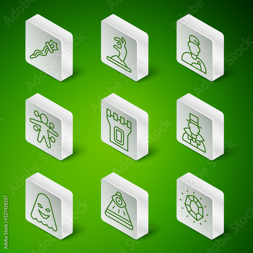 Set line Magic stone, Masons, staff, Castle tower, Voodoo doll, Zombie hand, Ghost and Magician icon. Vector