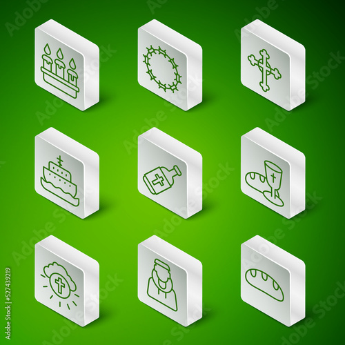 Set line Bread loaf, Monk, Burning candle in candlestick, Holy water bottle, Ark of noah, Crown thorns, Religious cross circle and Goblet bread icon. Vector