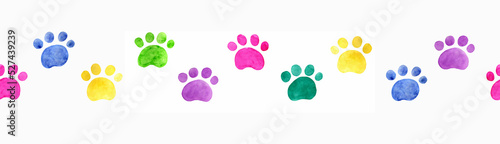 Seamless border with animal's footsteps, different colors on white background, watercolor illustration 