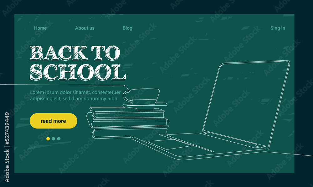 landing page template with globe, glasses and stack of textbooks.Back to school landing page template. Outline web banner on white backdrop. Vector outline illustration. Concept website page.