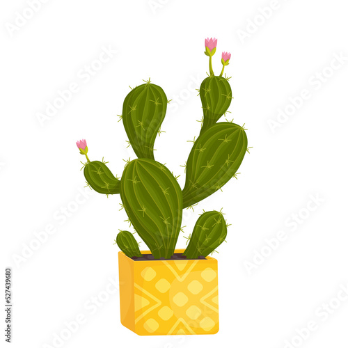 Blooming cactus in a ceramic flowerpot. Cartoon vector graphics.