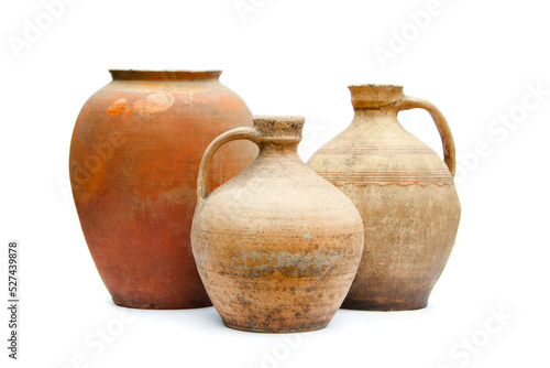 Clay jugs and a pot, a set of ancient utensils for drinking wine, water or milk.