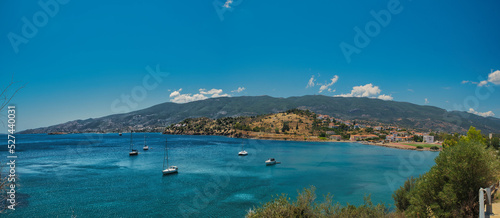 Poros island on colorful day in Aegean, Greece