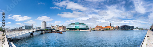 Photography Panorama view Copenhagen, Denmark harbour and skyline of Langebro bridge, Danish