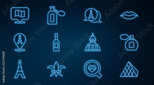 Set line Louvre glass pyramid, Perfume, Eiffel tower, Champagne bottle, Flag France, Museum building and icon. Vector