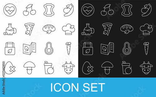 Set line Cow head, Carrot, Vegan food diet, Leather, pizza slice, Bottle of olive oil, Heart rate and bread loaf icon. Vector