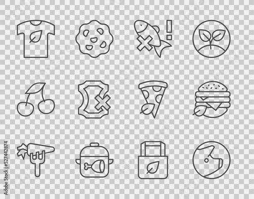 Set line Carrot, Pig, No fish, Cooking pot and chicken leg, Vegan shirt, leather, Shopping bag with recycle and food diet icon. Vector