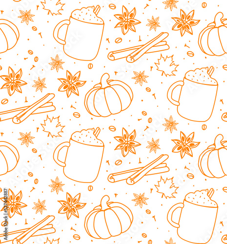 Pumpkin spice latte pattern. Cup of coffee with cream, cinnamon, cloves, spices, star anise, coffee beans, autumn leaves. Vector illustrations isolated on a white background.