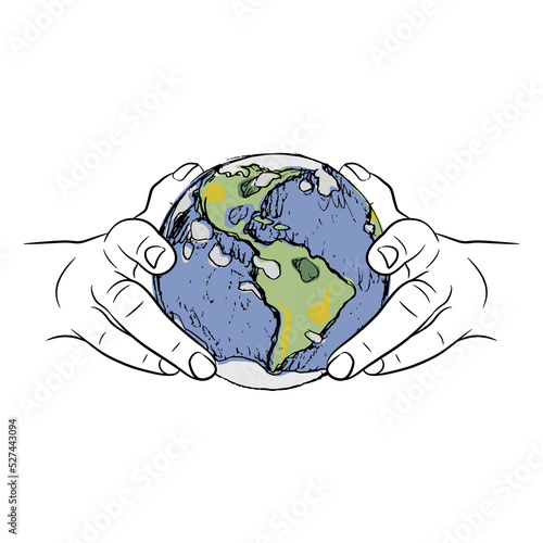 Two silhouetted human hands holding planet Earth. Creative environmental concept. Isolated vector illustration.