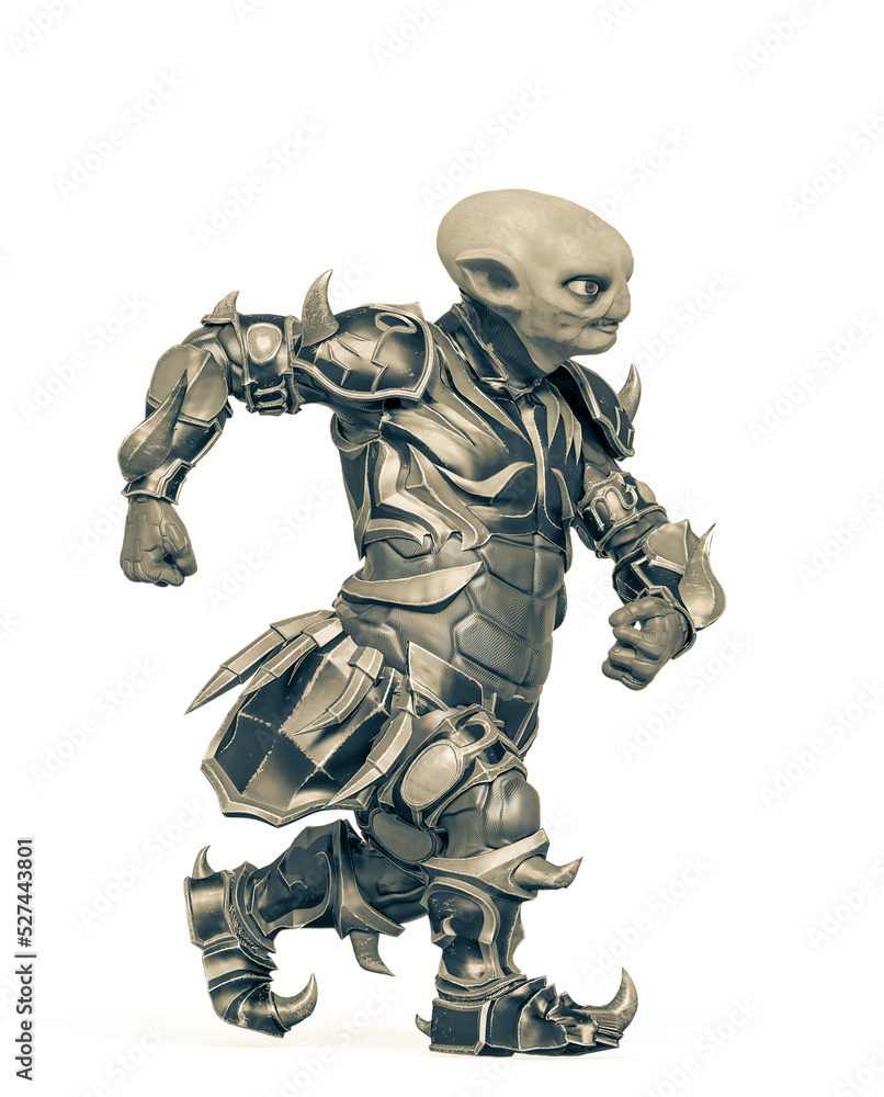 little alien warrior is walking side view