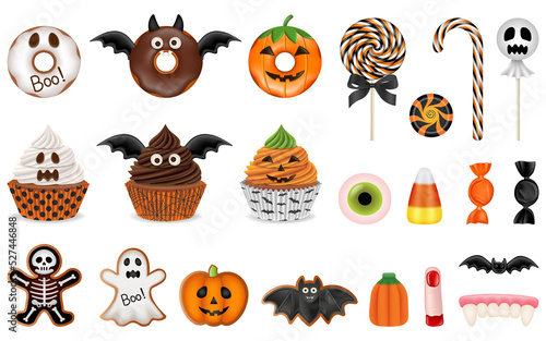 Set of isolated halloween sweets. collection of halloween cakes and candies