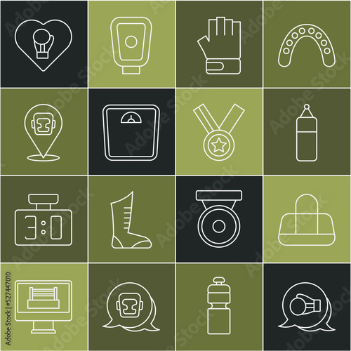 Set line Boxing glove, Sport bag, Punching, MMA, Bathroom scales, helmet, and Medal icon. Vector
