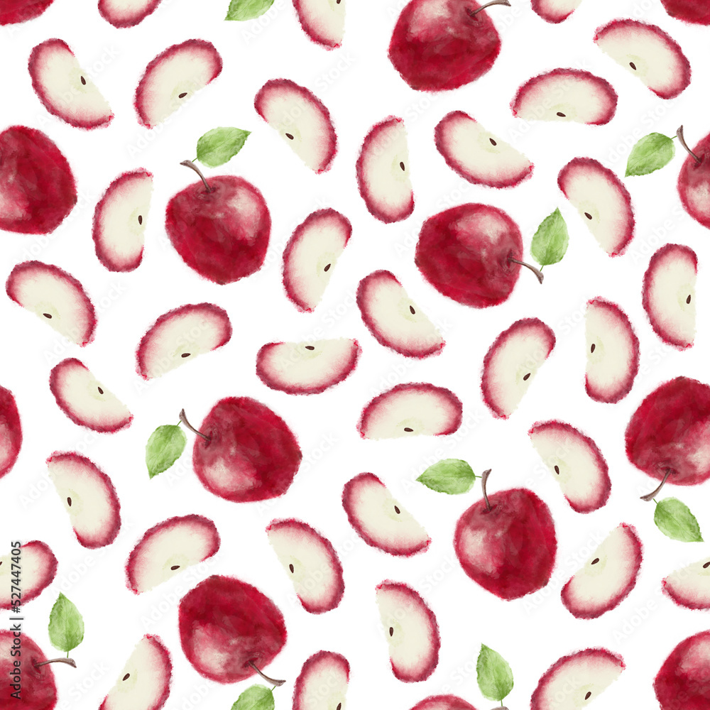 Seamless pattern with red apples. Fruits with green leaves isolated and have watercolour effect Seamless pattern with red apples. Fruits with green leaves isolated and have watercolour effect