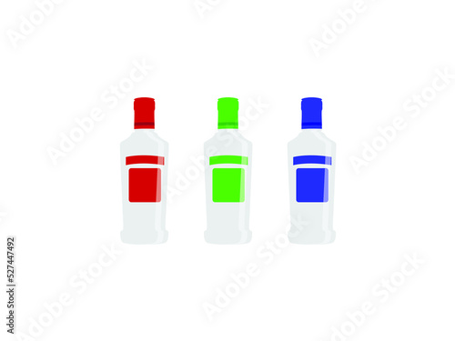 Set of 3 vodka or liquor bottle simple cartoon illustration icons - red, blue and green. Eps10 vector.