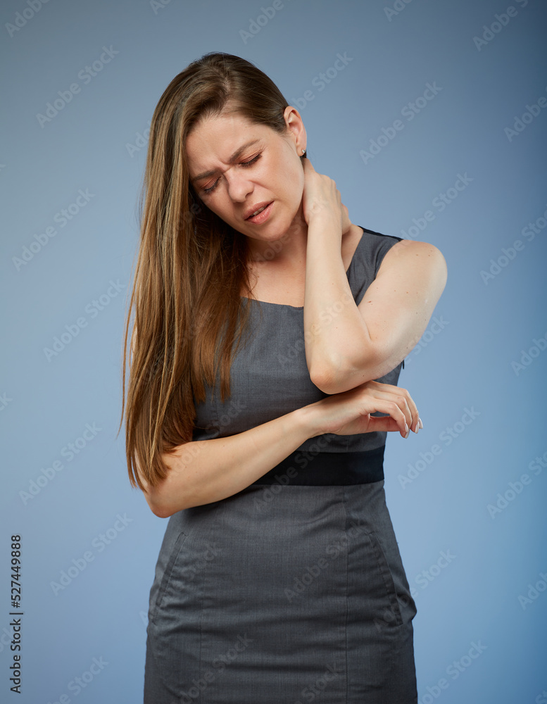 Suffering woman with neck pain. isolated female portrait. Suffering woman with neck pain. isolated female portrait.