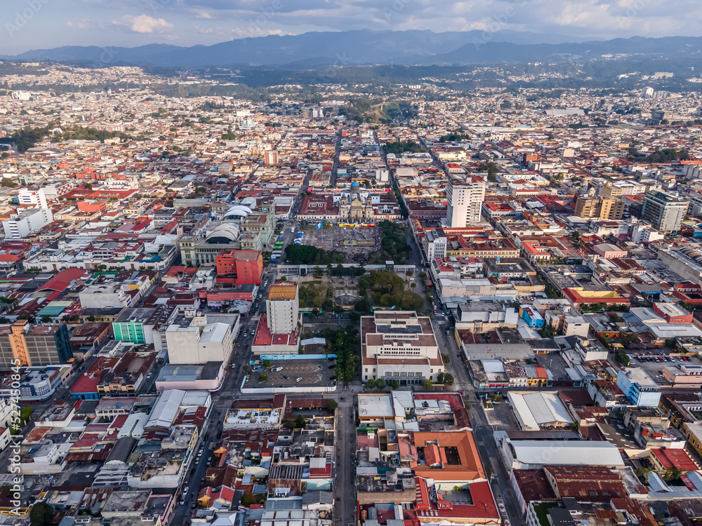 Beautiful aerial view of Guatemala City - Catedral Metropolitana de Santiago de Guatemala, the Constitution Plaza in Guatemala