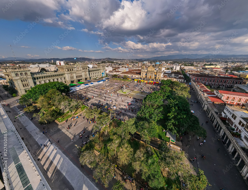 Beautiful aerial view of Guatemala City - Catedral Metropolitana de Santiago de Guatemala, the Constitution Plaza in Guatemala