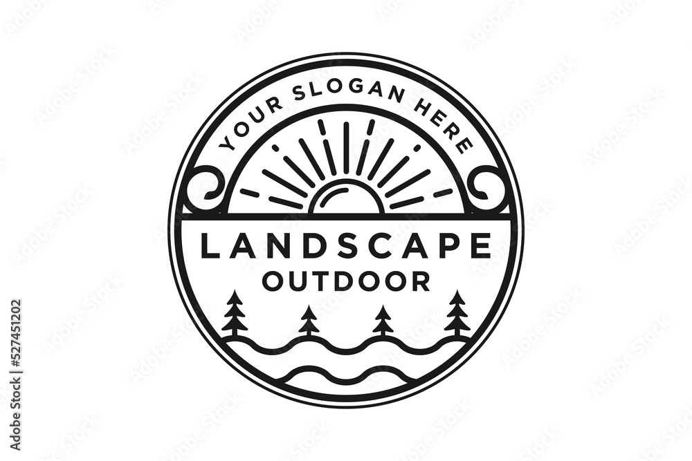 Landscape outdoor logo design sunrise pine tree icon symbol rounded shape typography line style Landscape outdoor logo design sunrise pine tree icon symbol rounded shape typography line style