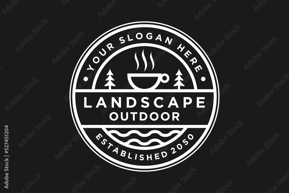 Fototapeta premium Cafe outdoor logo design vintage badge line art style typography