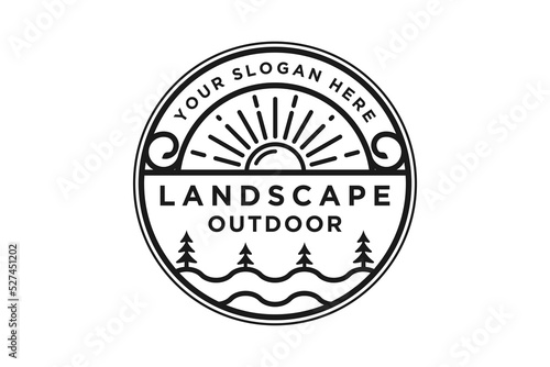 Landscape outdoor logo design sunrise pine tree icon symbol rounded shape typography line style