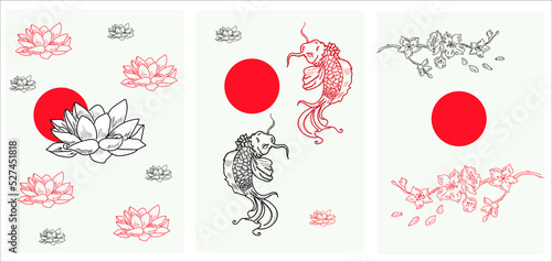 Japanese style background. Sakura flowers, cherry blossoms Koi Fishes pattern. Hand drawing vector illustration 