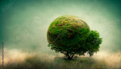 An abstract 3D soft meta background image of a tree emerging from a spherical shape.