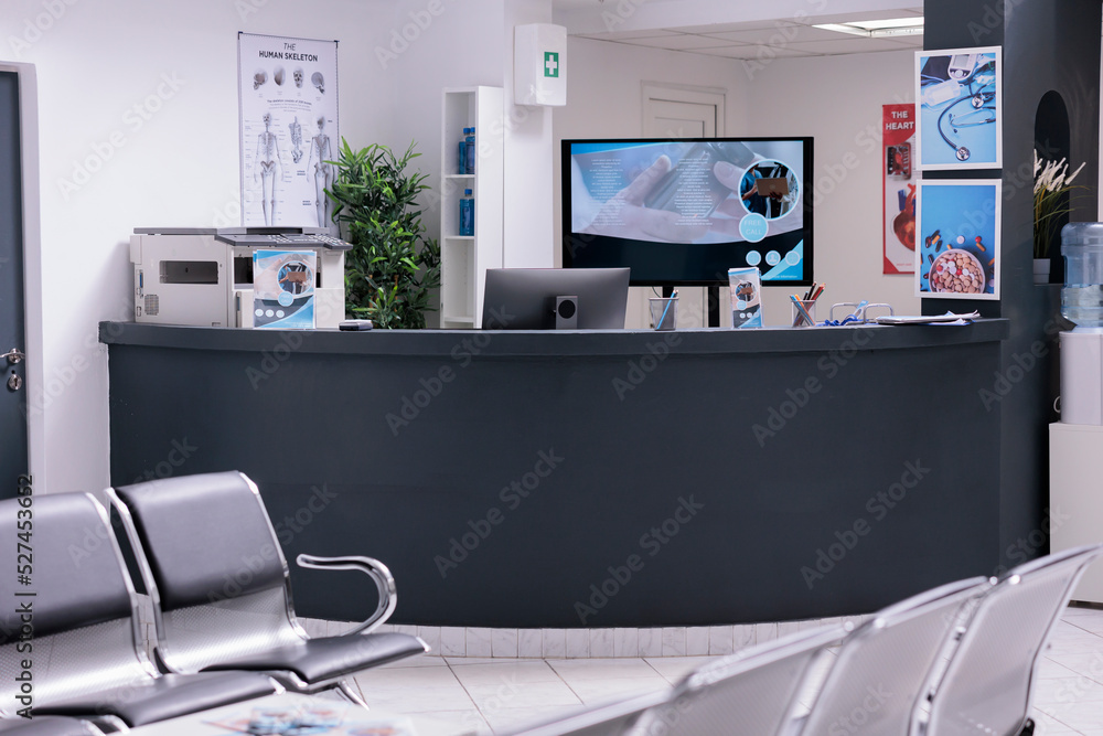 Hospital reception with waiting room in facility lobby, registration