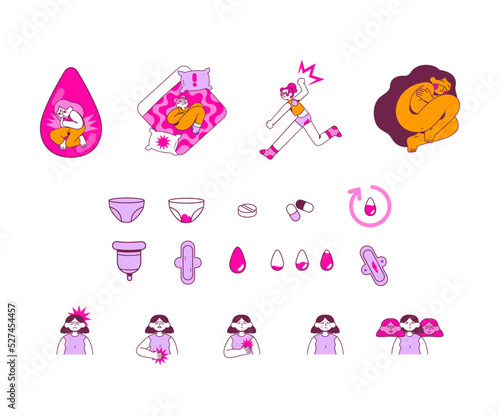 Set  de ilustraciones sobre menstruación. Dolores menstruales y síndrome premenstrual. Productos de higiene menstrual